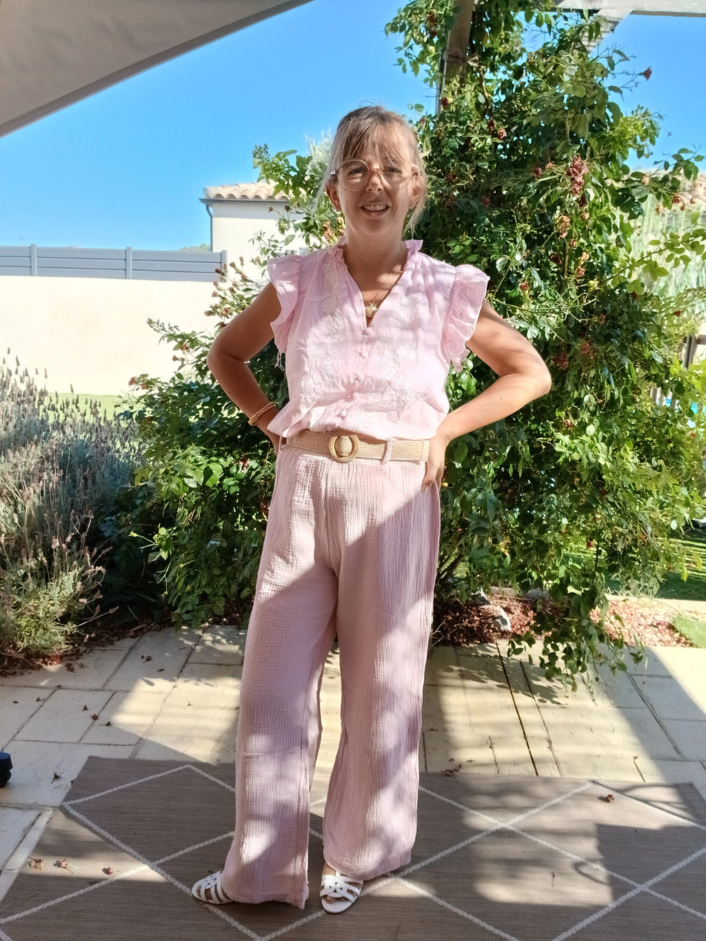 Pantalon large Garance - Blanc / Vieux rose