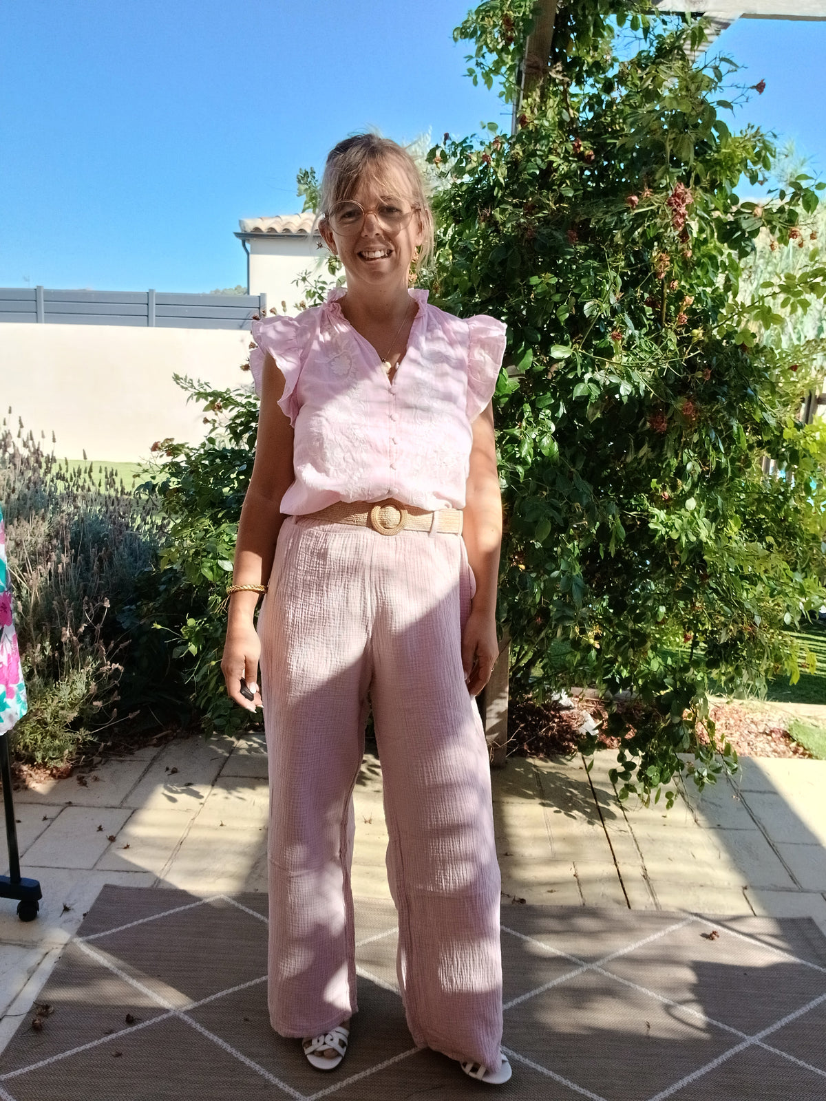 Pantalon large Garance - Blanc / Vieux rose