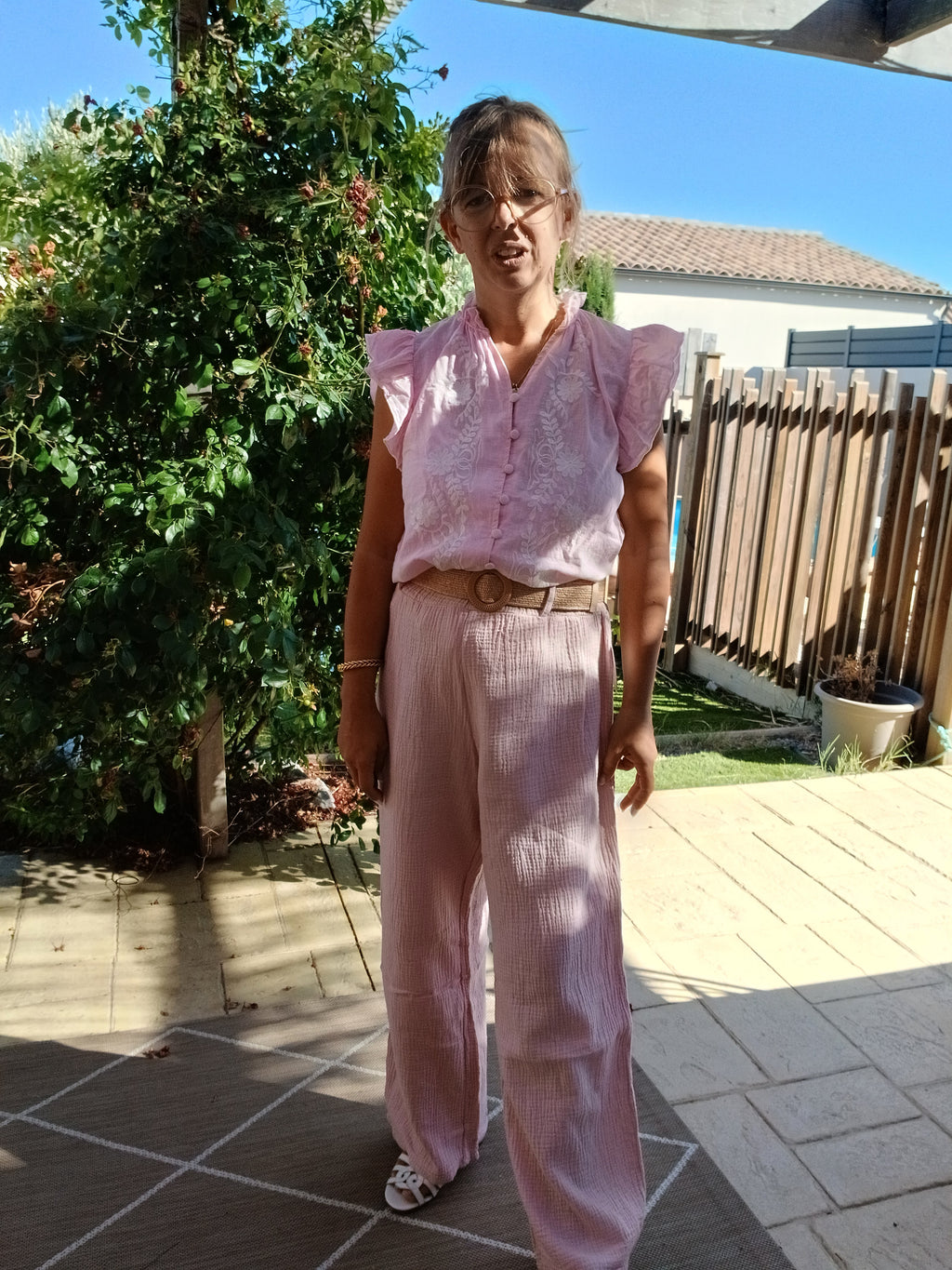 Pantalon large Garance - Blanc / Vieux rose