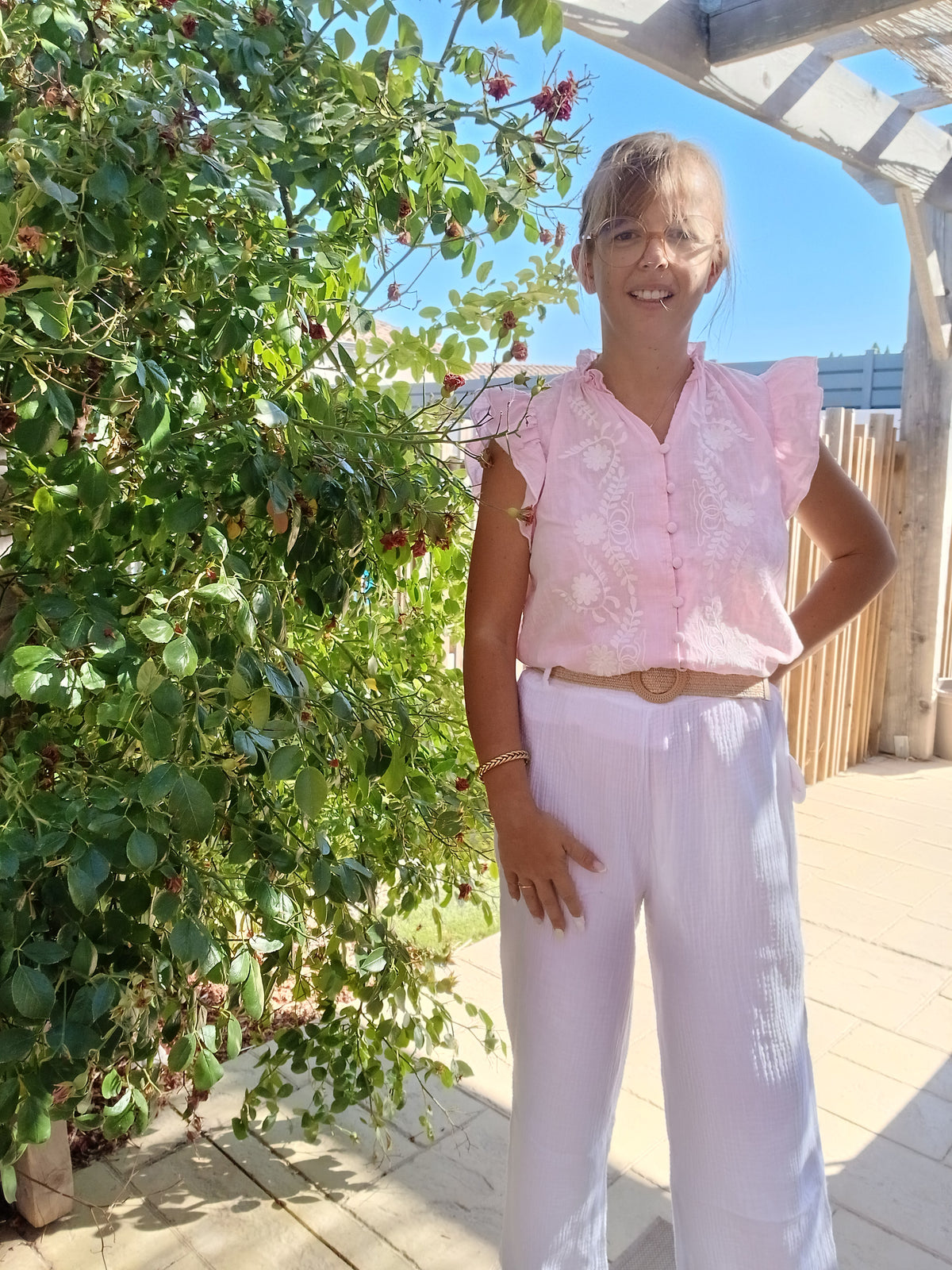 Pantalon large Garance - Blanc / Vieux rose