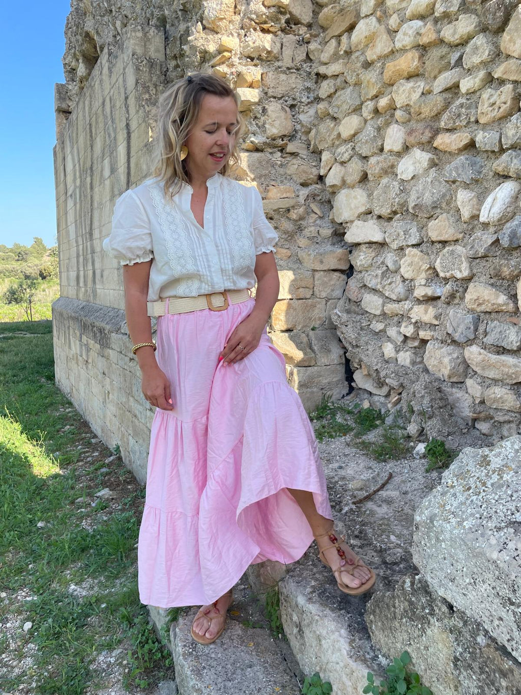 Jupe Soline Longue Bohème Chic Kaki - rose | Chic Soléa